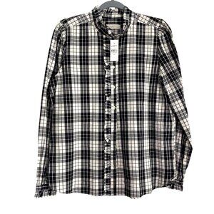 NWT LOFT Plaid Preppy Button Shirt Womens M Black White Casual Retro 90s Y2K